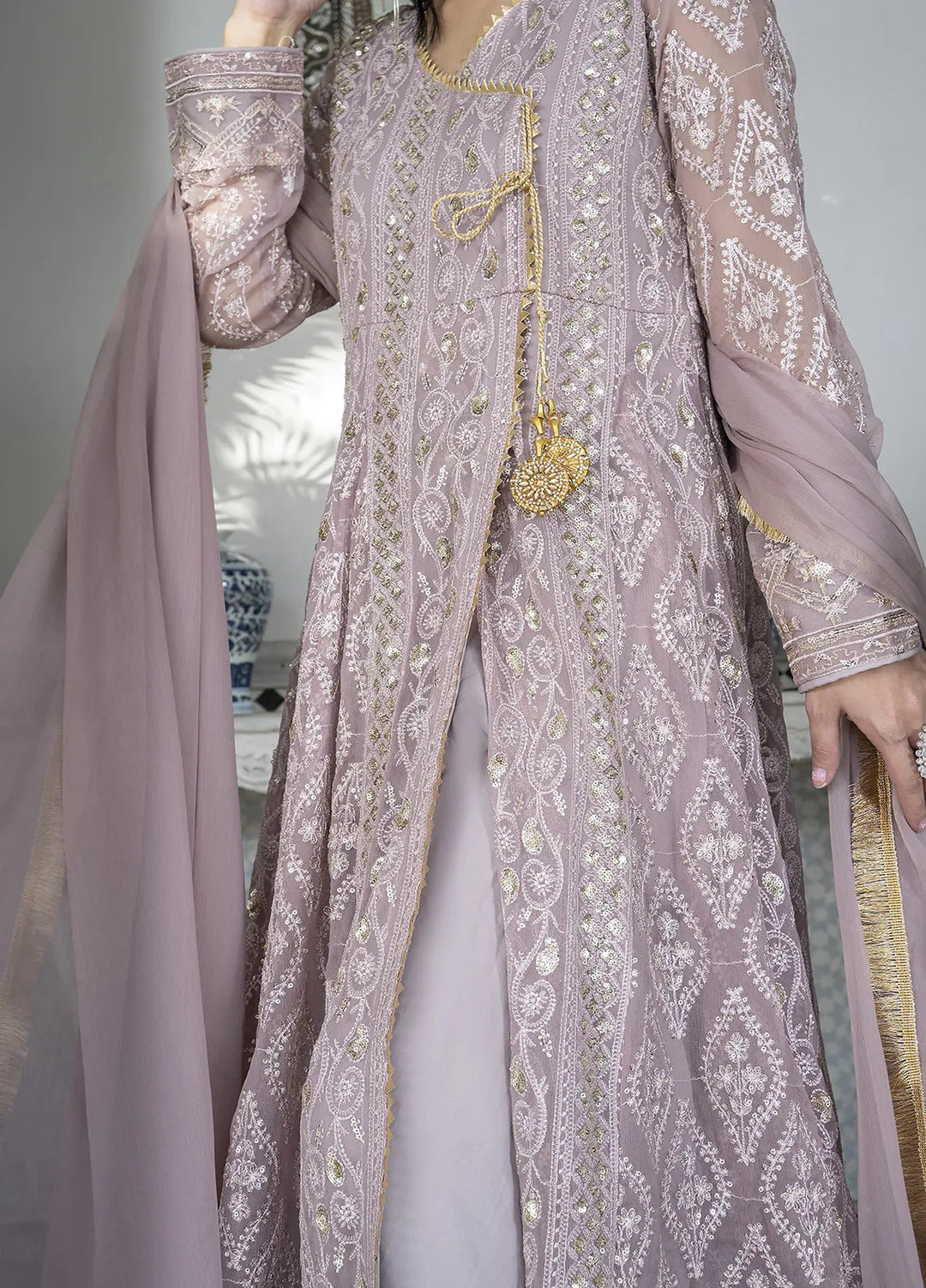 Manahils Pret Embroidered Chiffon 3 Piece Suit Kurti-099-Purple
