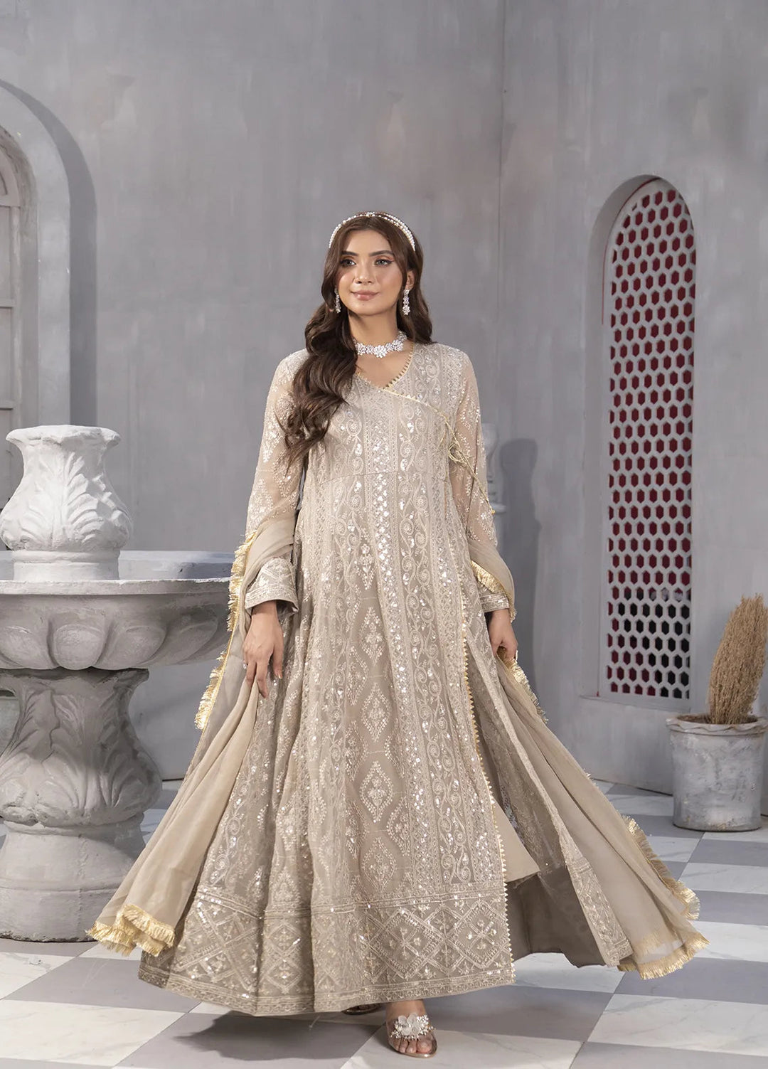 Manahils Pret Embroidered Chiffon 3 Piece Suit KURTI 099 Sand-Oasis
