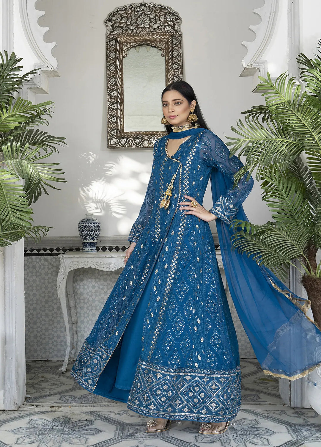 Manahils Pret Embroidered Chiffon 3 Piece Suit Kurti-099-Zinc Blue