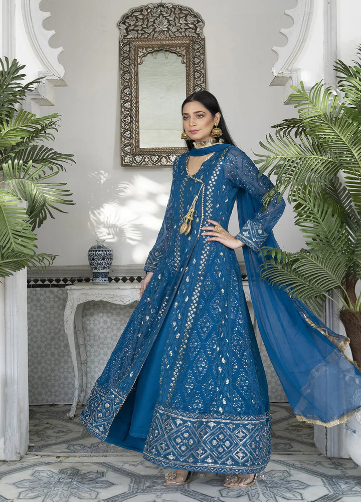 Manahils Pret Embroidered Chiffon 3 Piece Suit Kurti-099-Zinc Blue