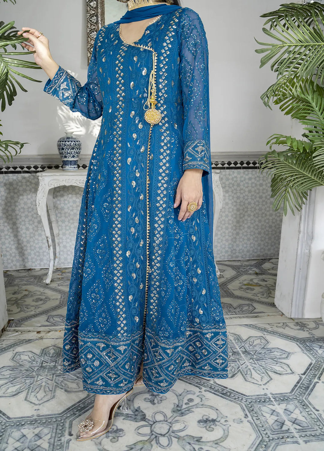 Manahils Pret Embroidered Chiffon 3 Piece Suit Kurti-099-Zinc Blue