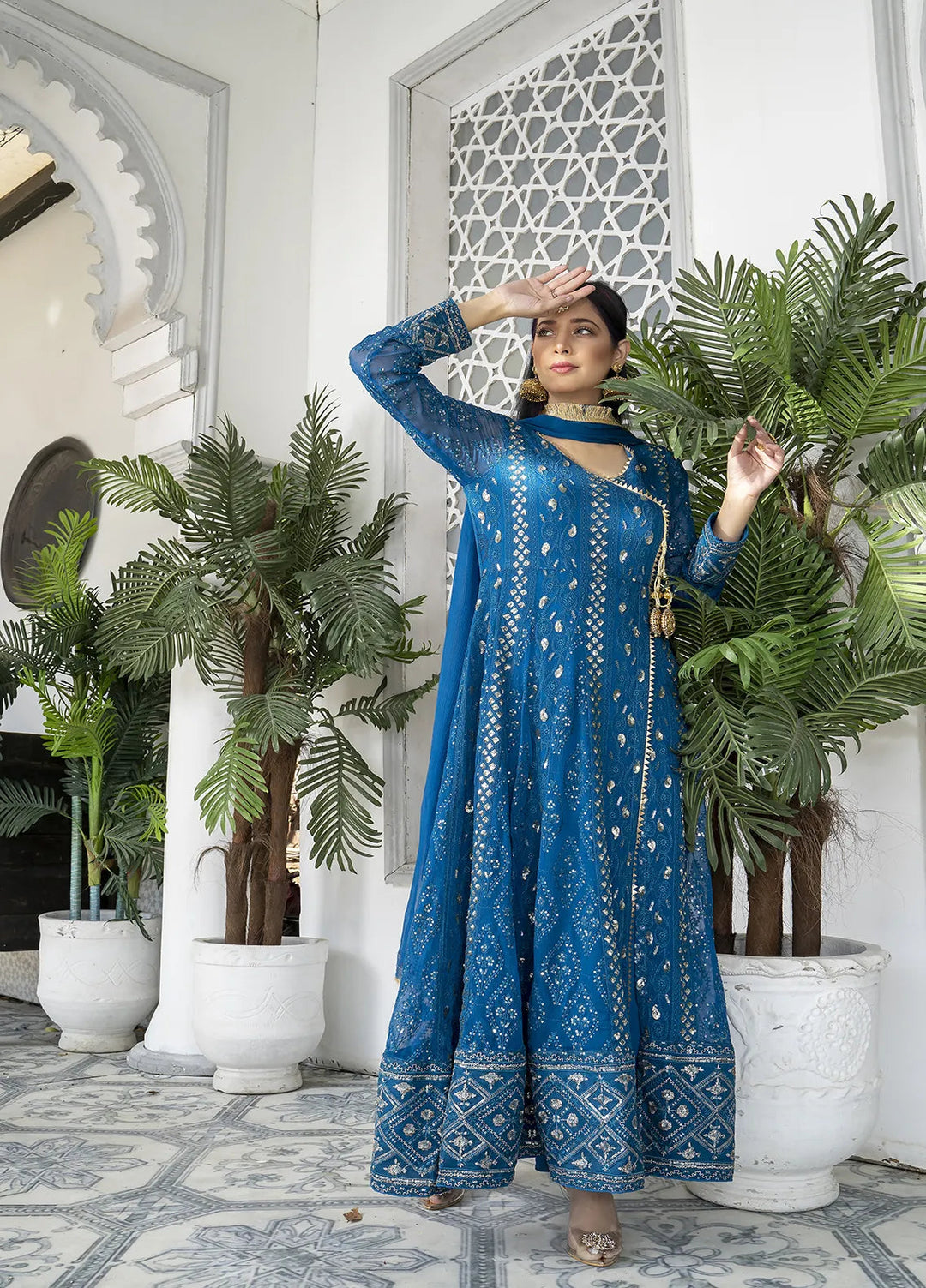 Manahils Pret Embroidered Chiffon 3 Piece Suit Kurti-099-Zinc Blue