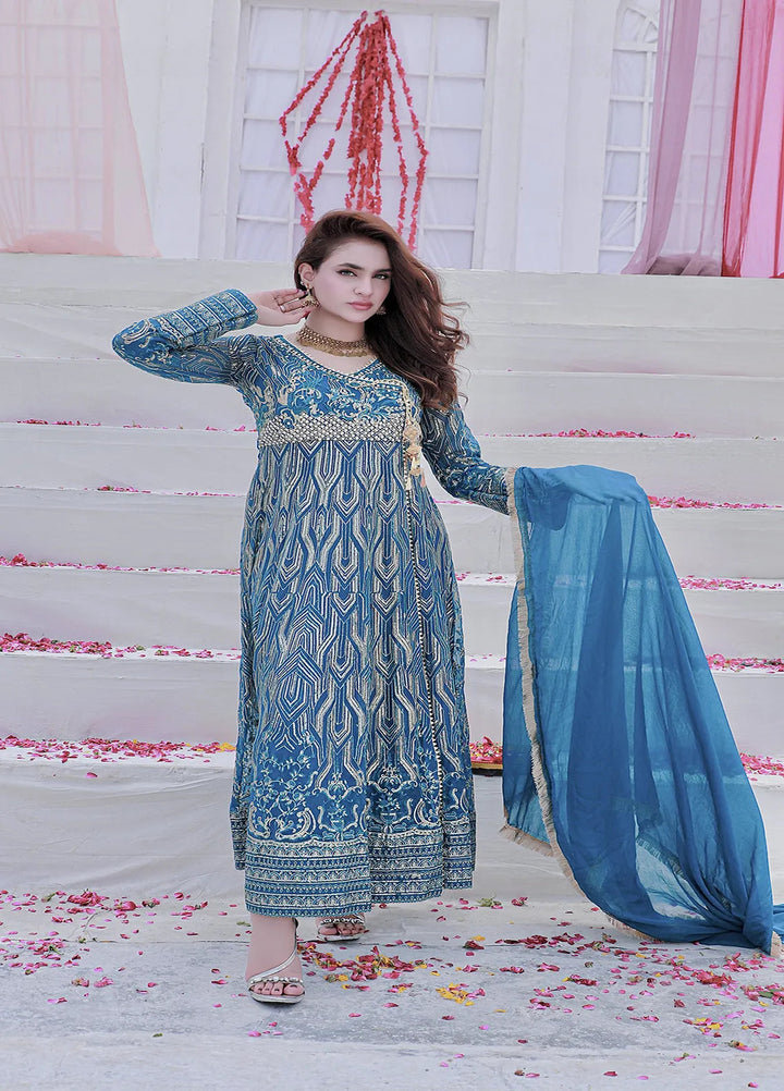 Manahils Pret Embroidered Chiffon 3 Piece Suit Kurti-105-Aquamarine-Zinc-Blue