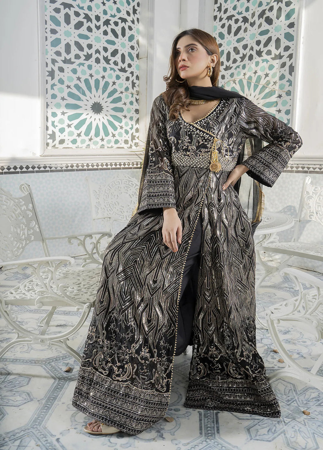 Manahils Pret Embroidered Chiffon 3 Piece Suit Kurti-105-Black