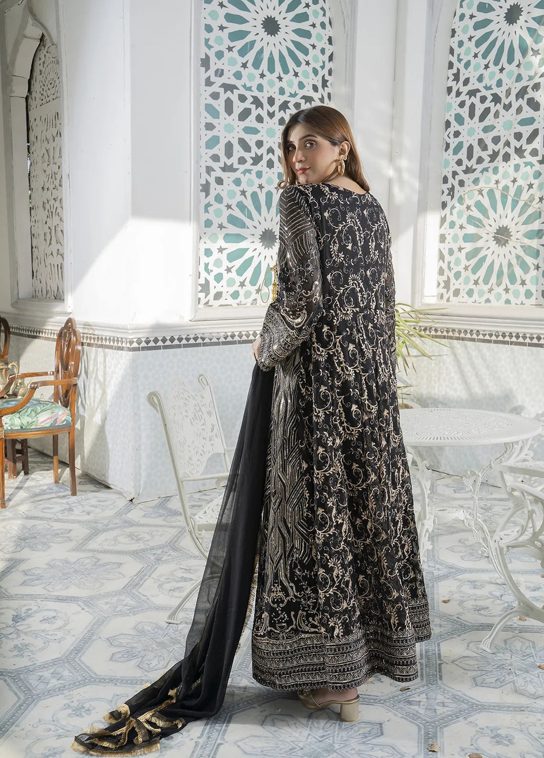 Manahils Pret Embroidered Chiffon 3 Piece Suit Kurti-105-Black
