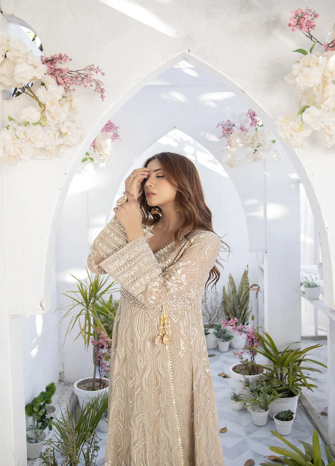 Manahils Pret Embroidered Chiffon 3 Piece Suit KURTI 105 Camel Brown