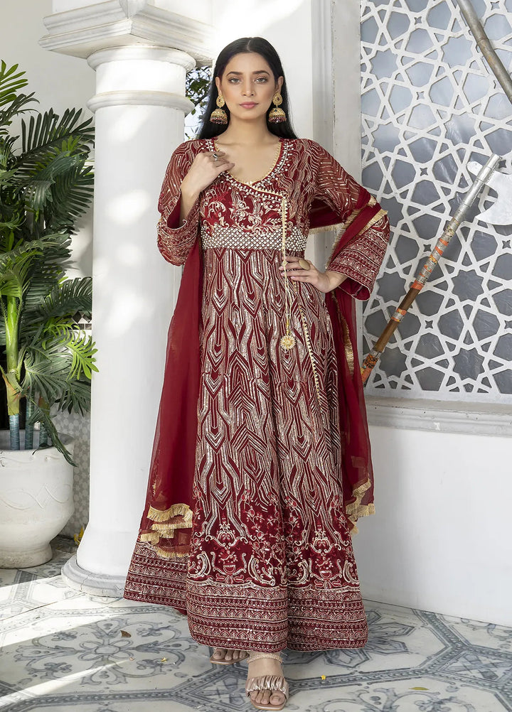 Manahils Pret Embroidered Chiffon 3 Piece Suit Kurti-105-Maroon