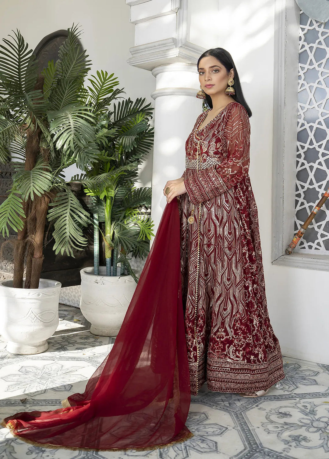 Manahils Pret Embroidered Chiffon 3 Piece Suit Kurti-105-Maroon