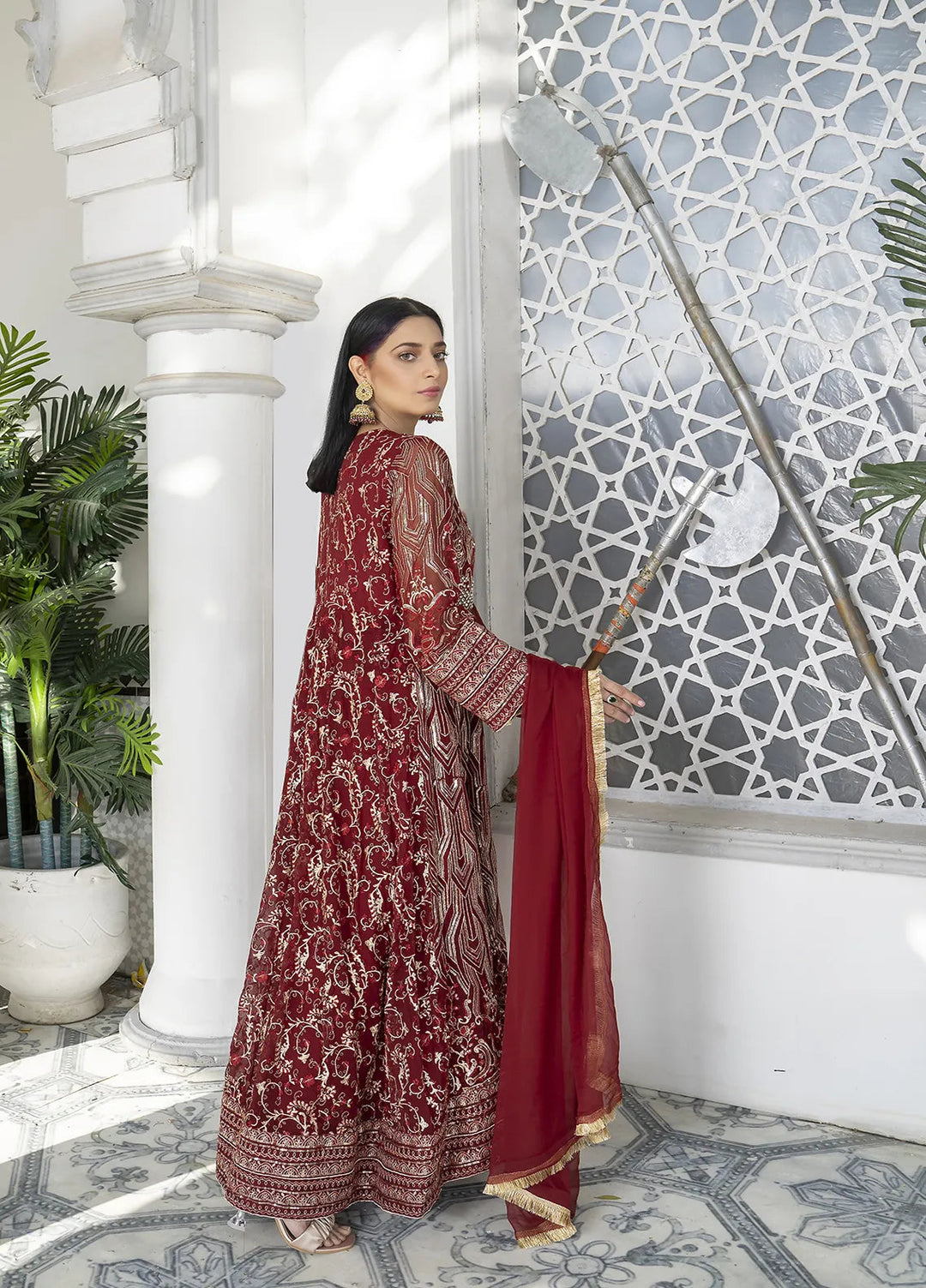 Manahils Pret Embroidered Chiffon 3 Piece Suit Kurti-105-Maroon
