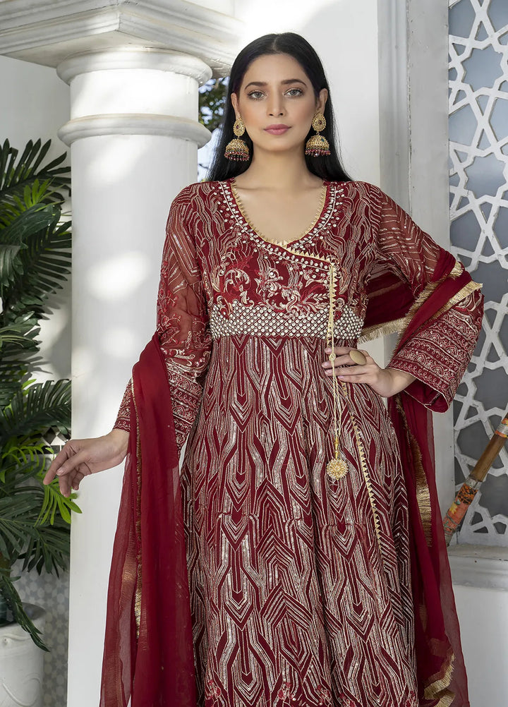 Manahils Pret Embroidered Chiffon 3 Piece Suit Kurti-105-Maroon