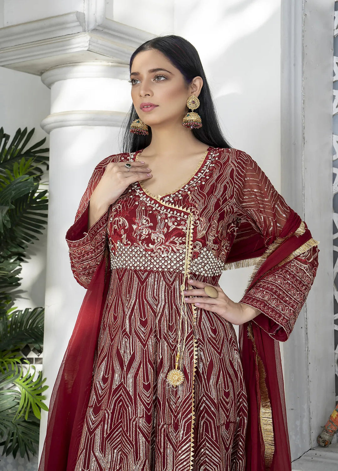 Manahils Pret Embroidered Chiffon 3 Piece Suit Kurti-105-Maroon