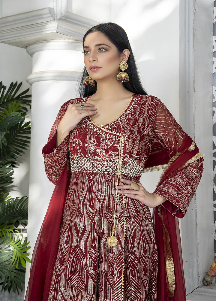 Manahils Pret Embroidered Chiffon 3 Piece Suit Kurti-105-Maroon