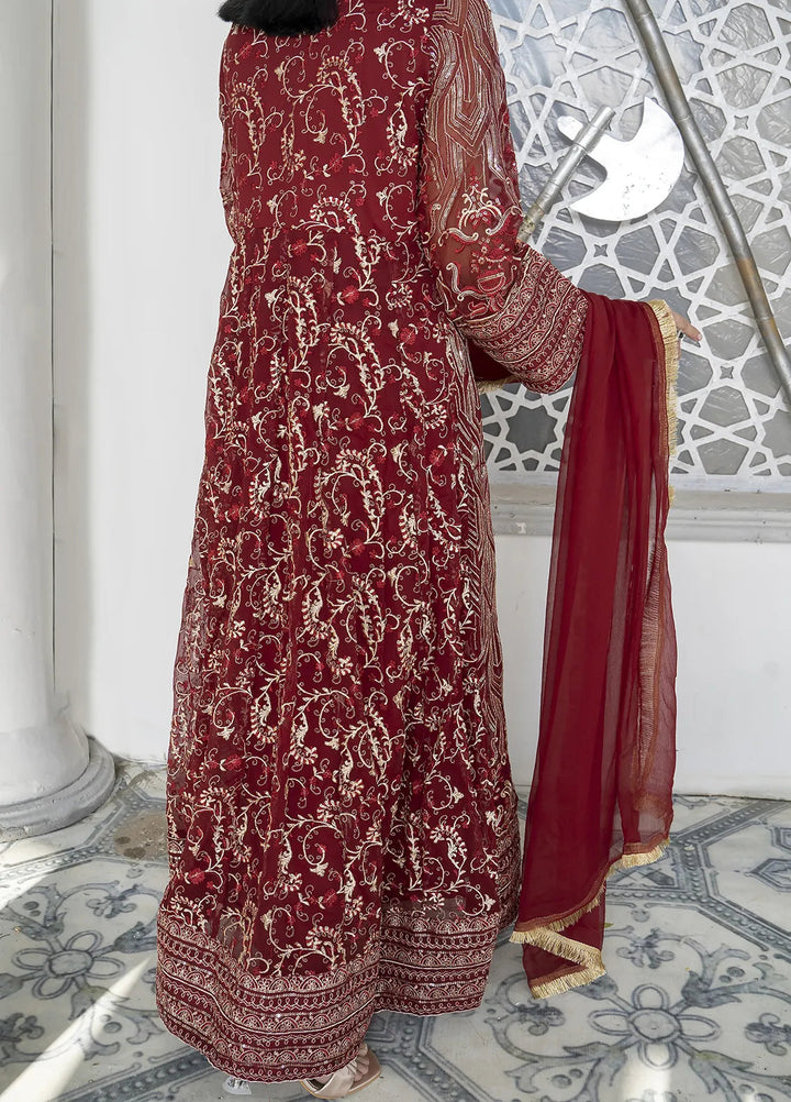 Manahils Pret Embroidered Chiffon 3 Piece Suit Kurti-105-Maroon