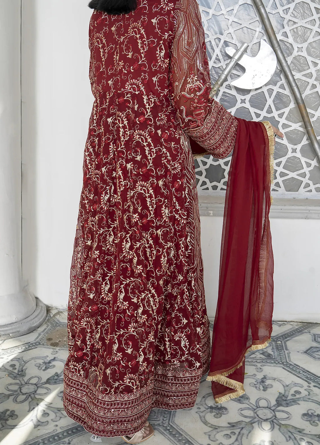 Manahils Pret Embroidered Chiffon 3 Piece Suit Kurti-105-Maroon