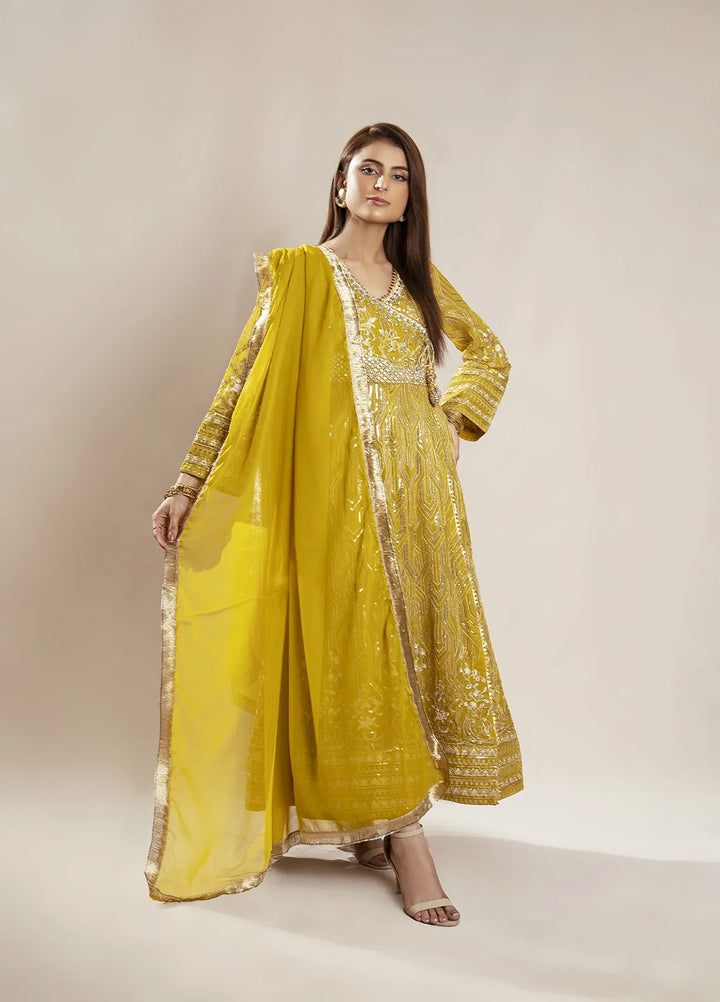 Manahils Pret Embroidered Chiffon 3 Piece Suit KURTI 105 Mustard