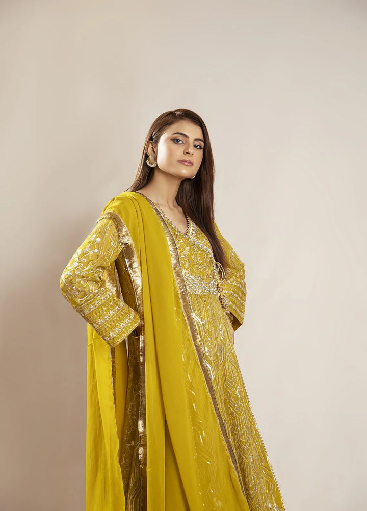 Manahils Pret Embroidered Chiffon 3 Piece Suit KURTI 105 Mustard