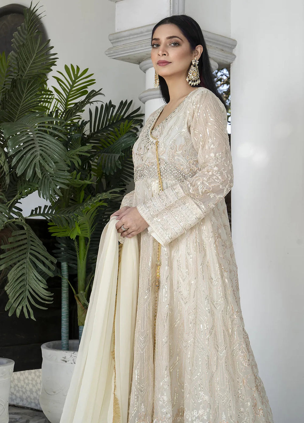 Manahils Pret Embroidered Chiffon 3 Piece Suit Kurti-105-White