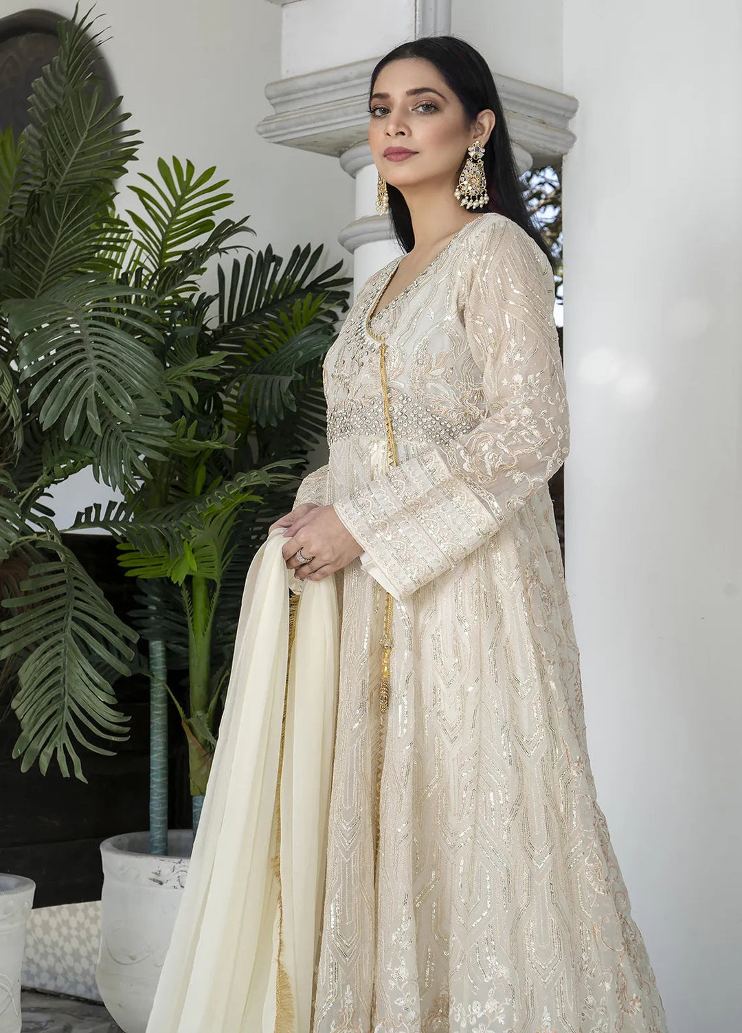 Manahils Pret Embroidered Chiffon 3 Piece Suit Kurti-105-White