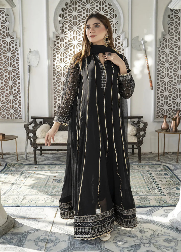 Manahils Pret Embroidered Chiffon 3 Piece Suit Kurti-106-Black