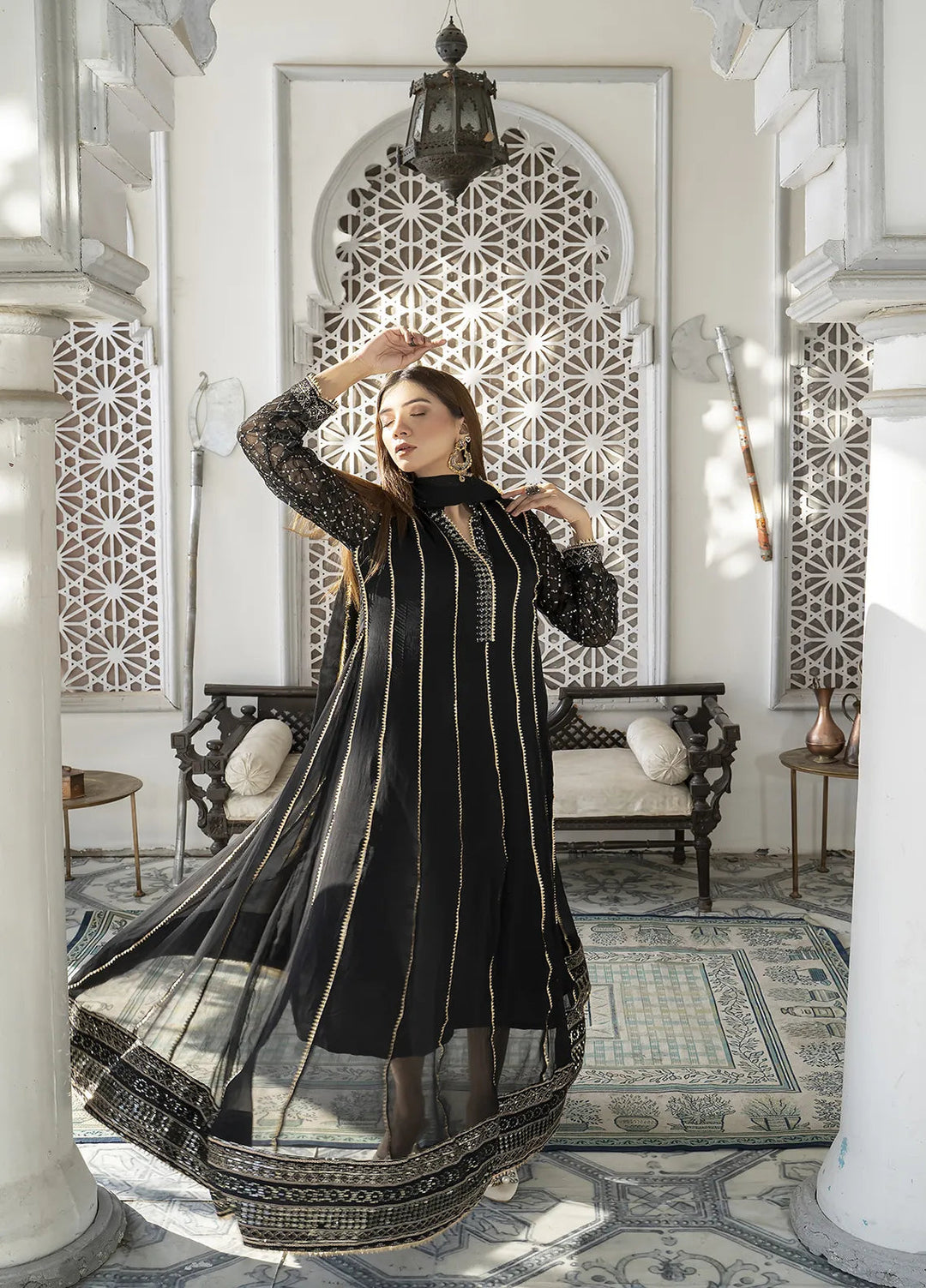 Manahils Pret Embroidered Chiffon 3 Piece Suit Kurti-106-Black