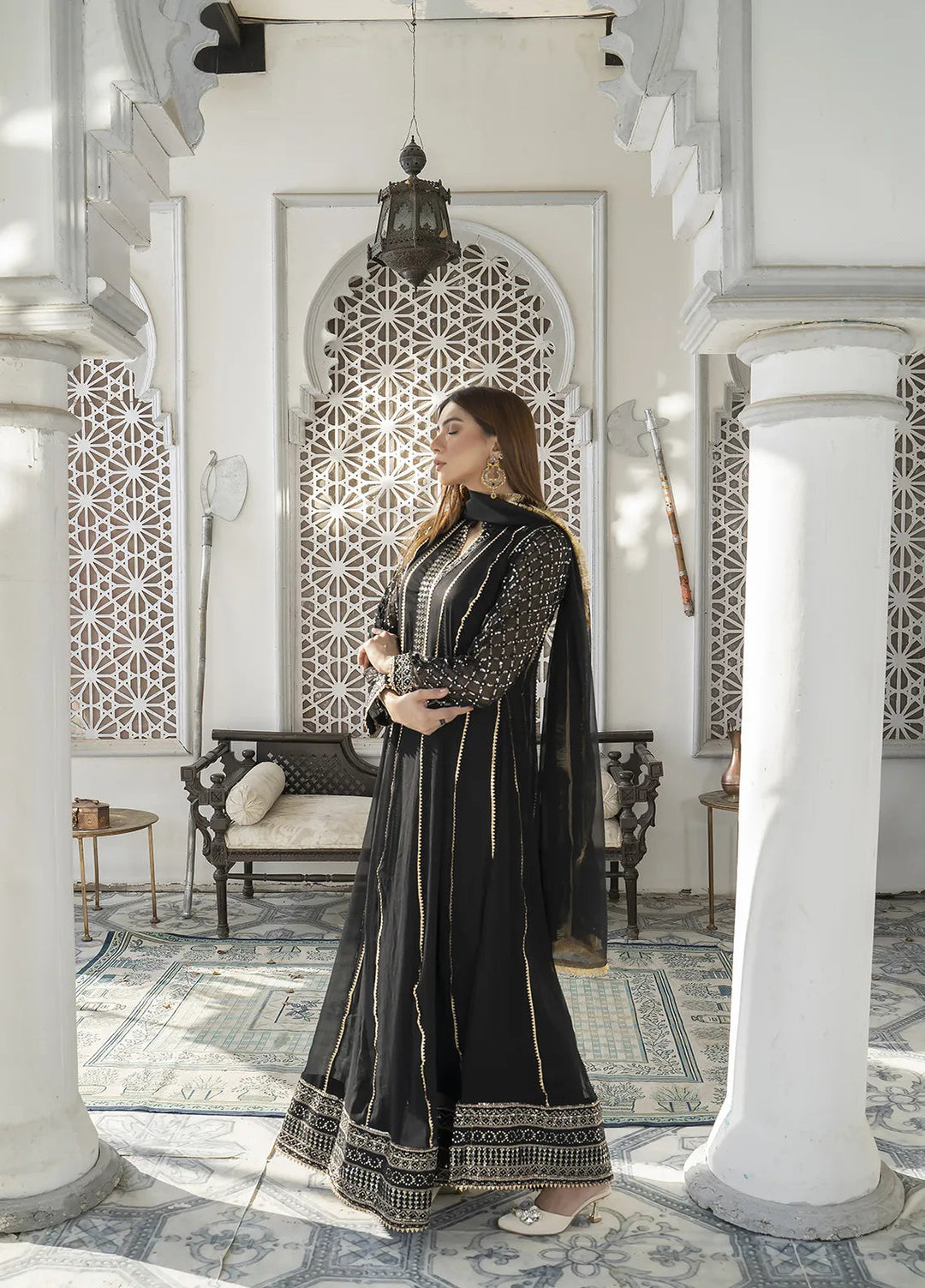 Manahils Pret Embroidered Chiffon 3 Piece Suit Kurti-106-Black
