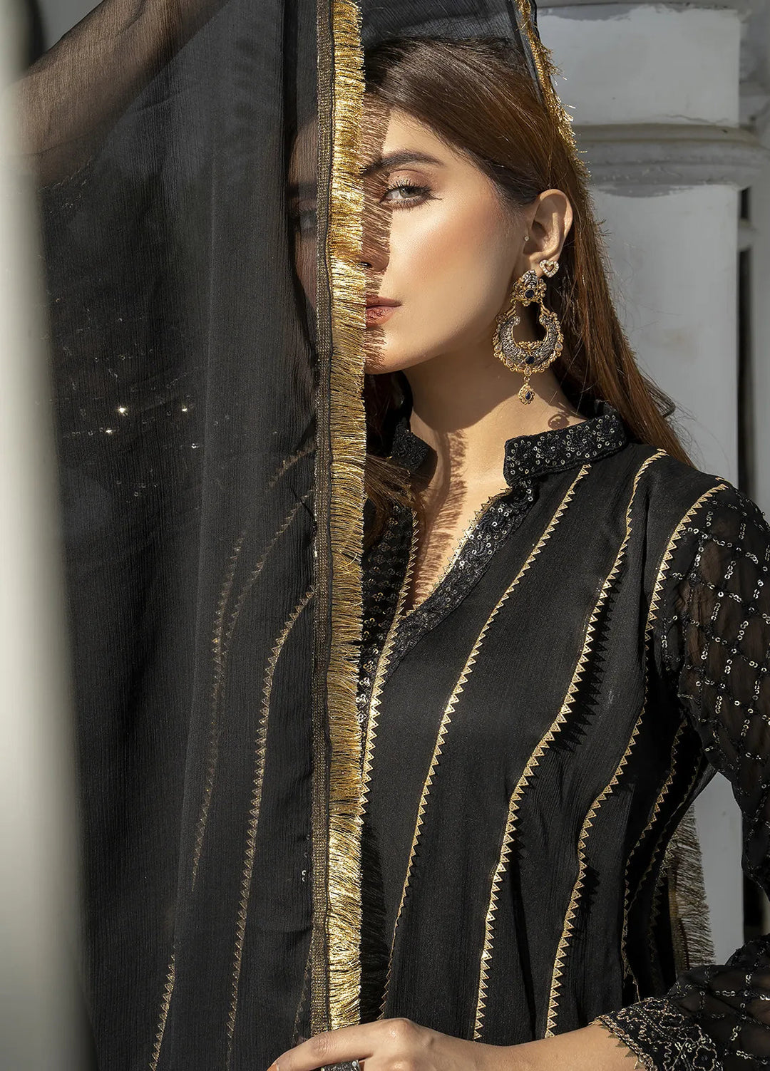 Manahils Pret Embroidered Chiffon 3 Piece Suit Kurti-106-Black