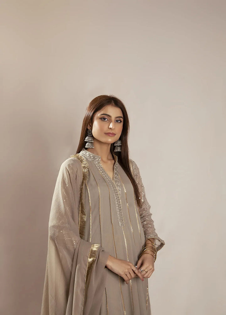 Manahils Pret Embroidered Chiffon 3 Piece Suit KURTI 106 Dusty Light Brown