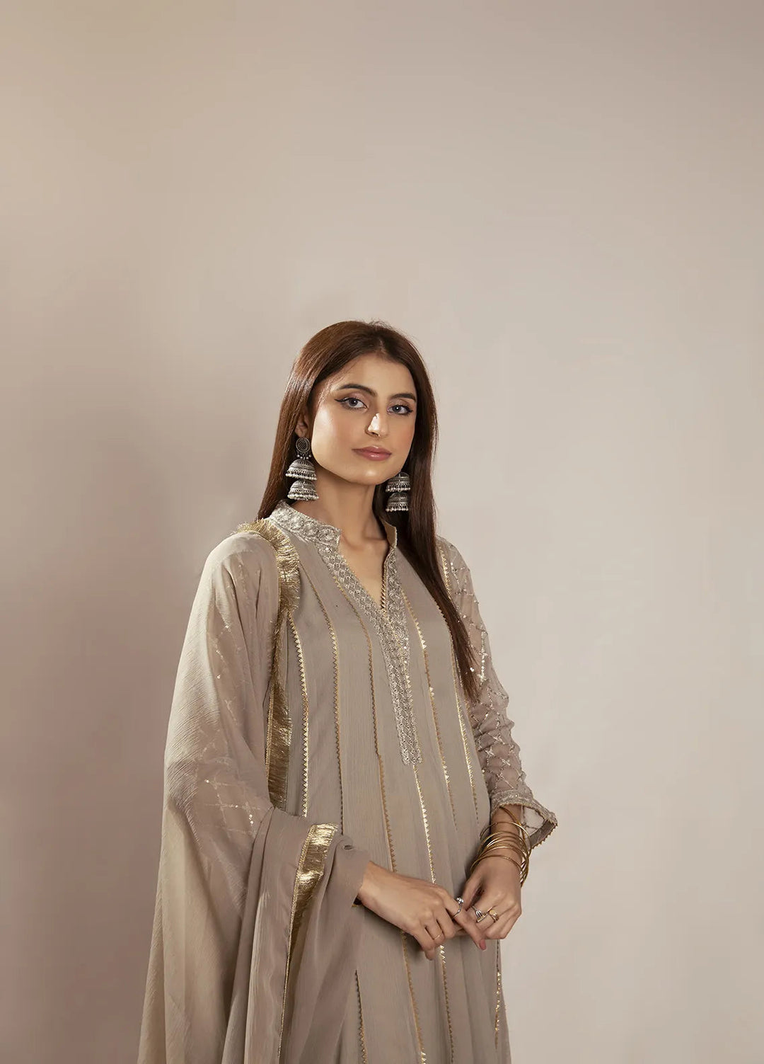 Manahils Pret Embroidered Chiffon 3 Piece Suit KURTI 106 Dusty Light Brown