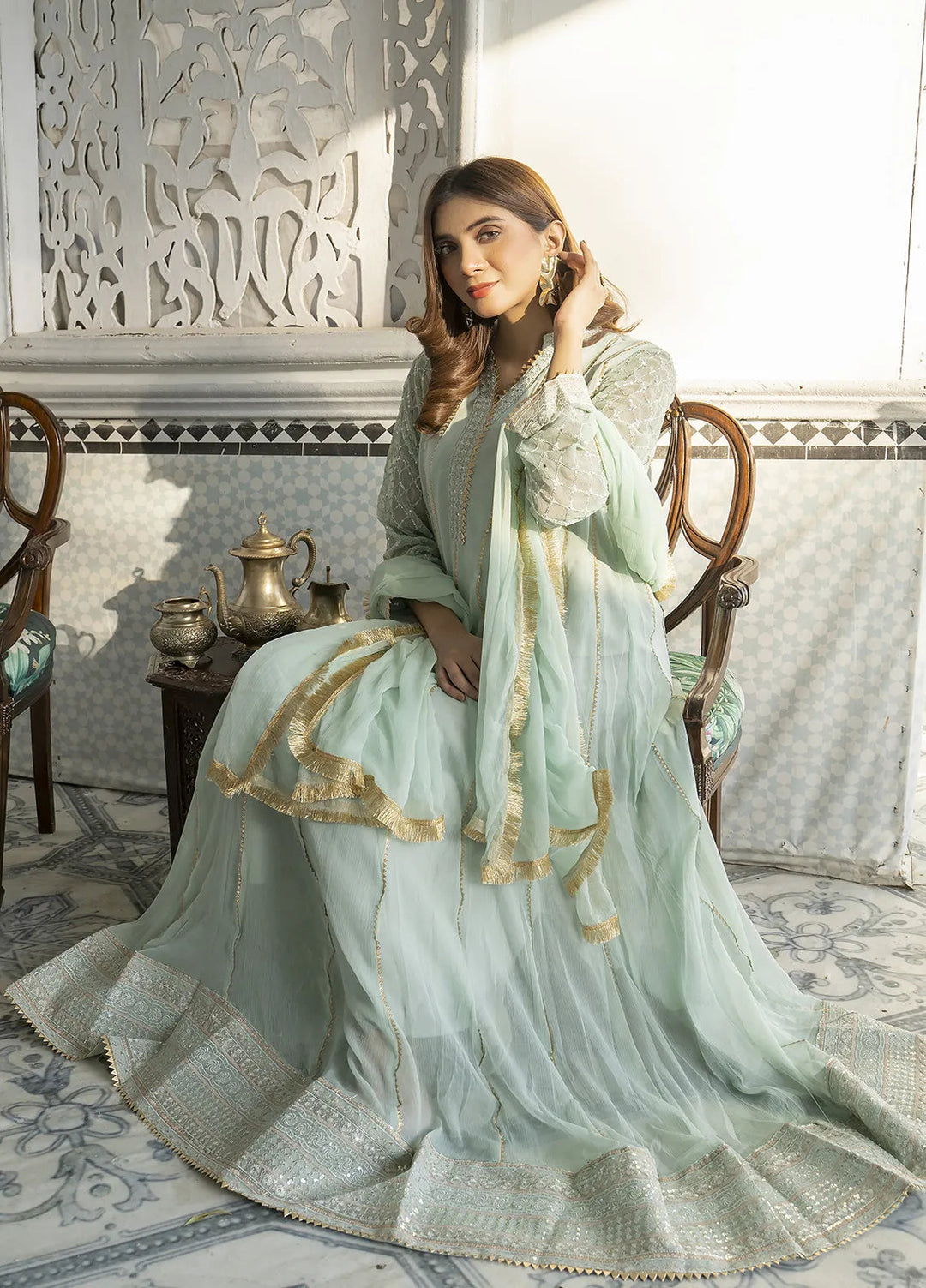 Manahils Pret Embroidered Chiffon 3 Piece Suit Kurti-106-Green