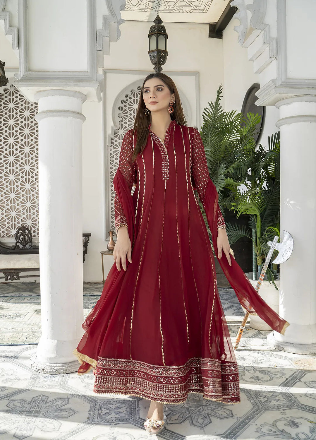 Manahils Pret Embroidered Chiffon 3 Piece Suit Kurti-106-Mehroon