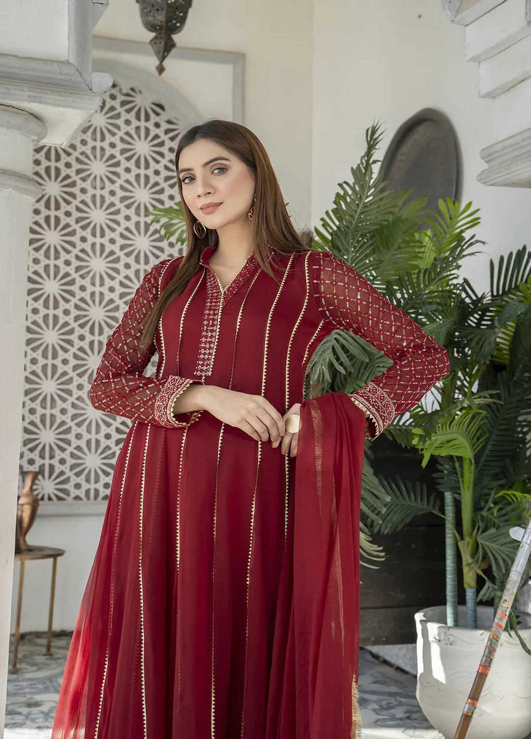 Manahils Pret Embroidered Chiffon 3 Piece Suit Kurti-106-Mehroon