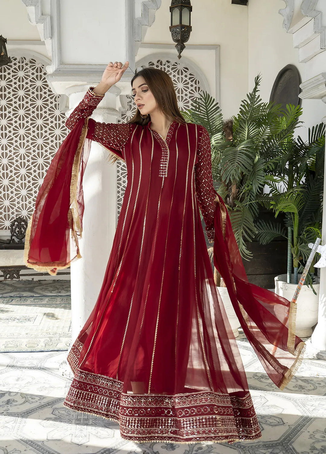 Manahils Pret Embroidered Chiffon 3 Piece Suit Kurti-106-Mehroon