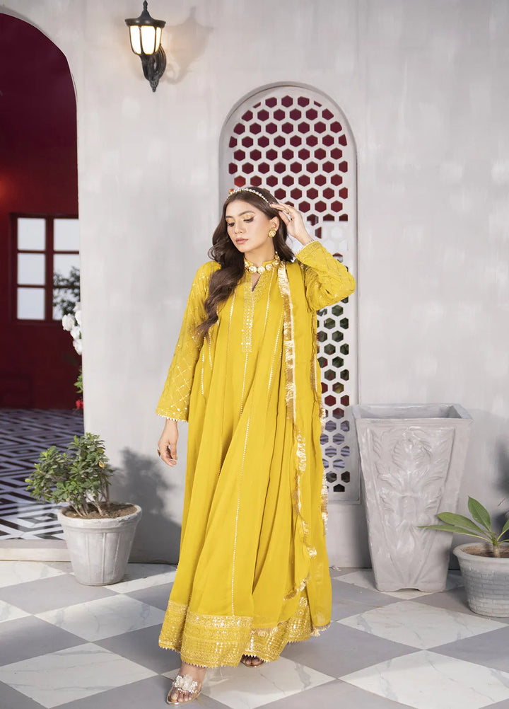 Manahils Pret Embroidered Chiffon 3 Piece Suit KURTI 106 Mustard