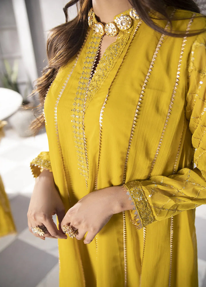 Manahils Pret Embroidered Chiffon 3 Piece Suit KURTI 106 Mustard