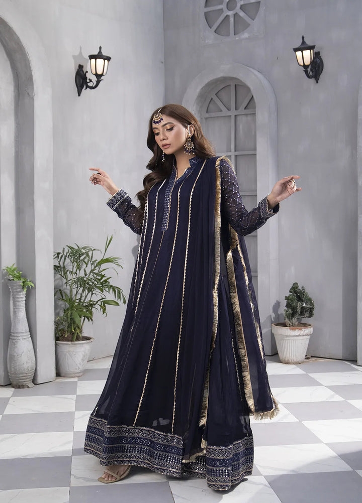 Manahils Pret Embroidered Chiffon 3 Piece Suit KURTI 106 Navy-Blue
