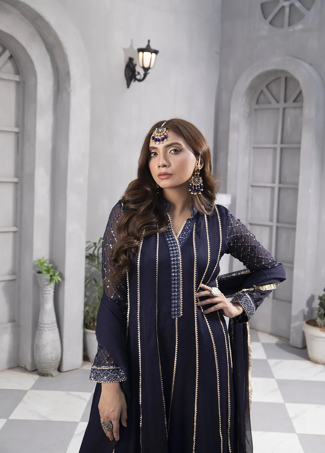 Manahils Pret Embroidered Chiffon 3 Piece Suit KURTI 106 Navy-Blue