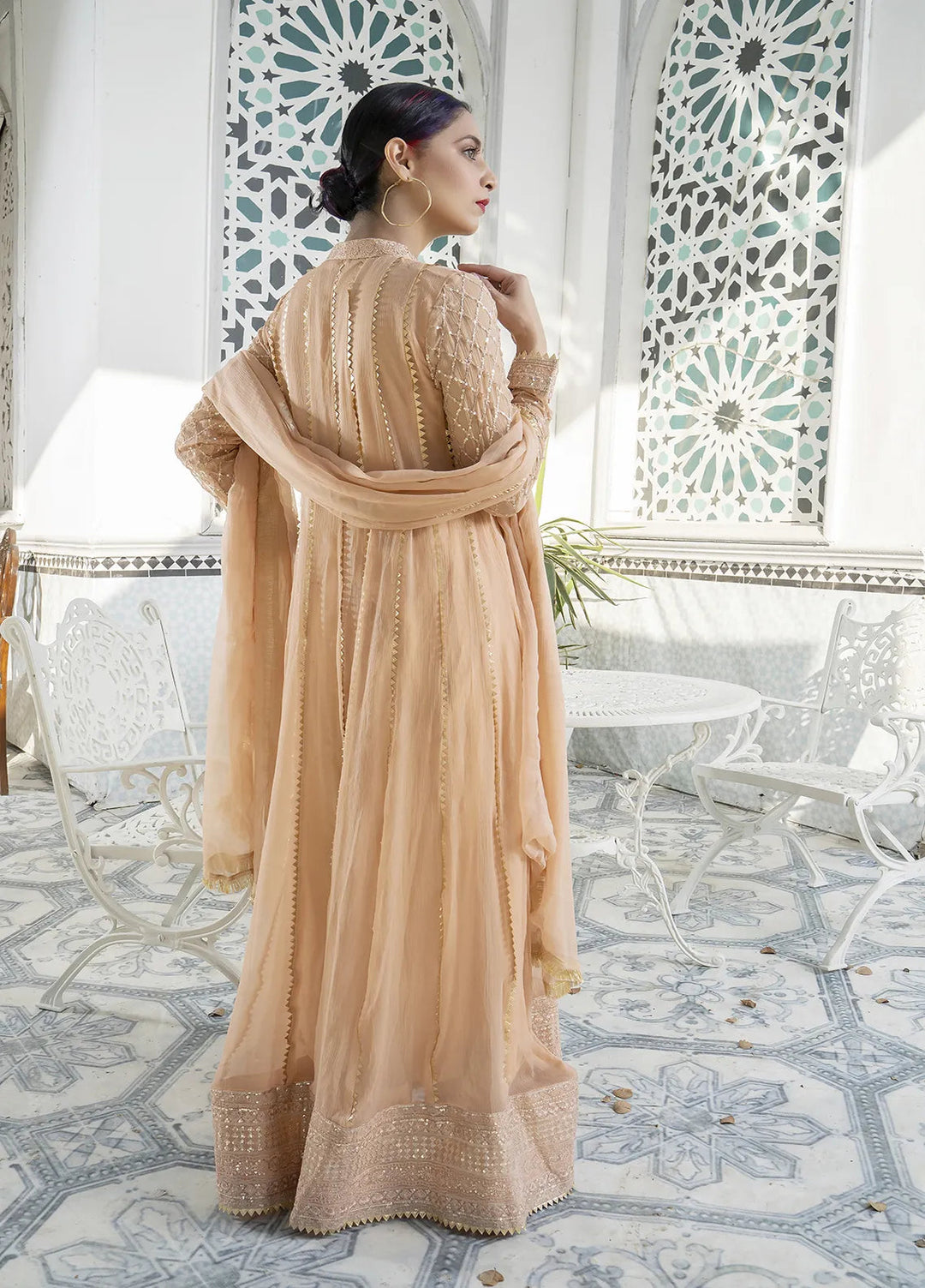 Manahils Pret Embroidered Chiffon 3 Piece Suit Kurti-106-Peach