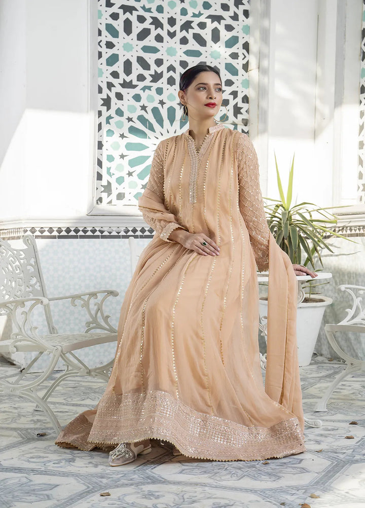 Manahils Pret Embroidered Chiffon 3 Piece Suit Kurti-106-Peach