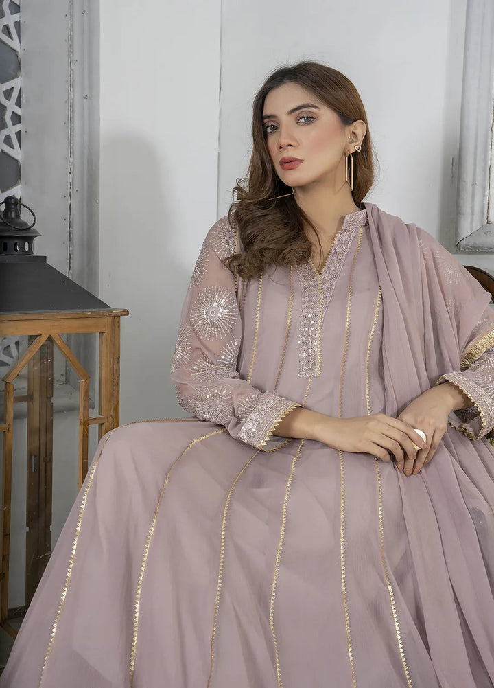 Manahils Pret Embroidered Chiffon 3 Piece Suit Kurti-106-Purple