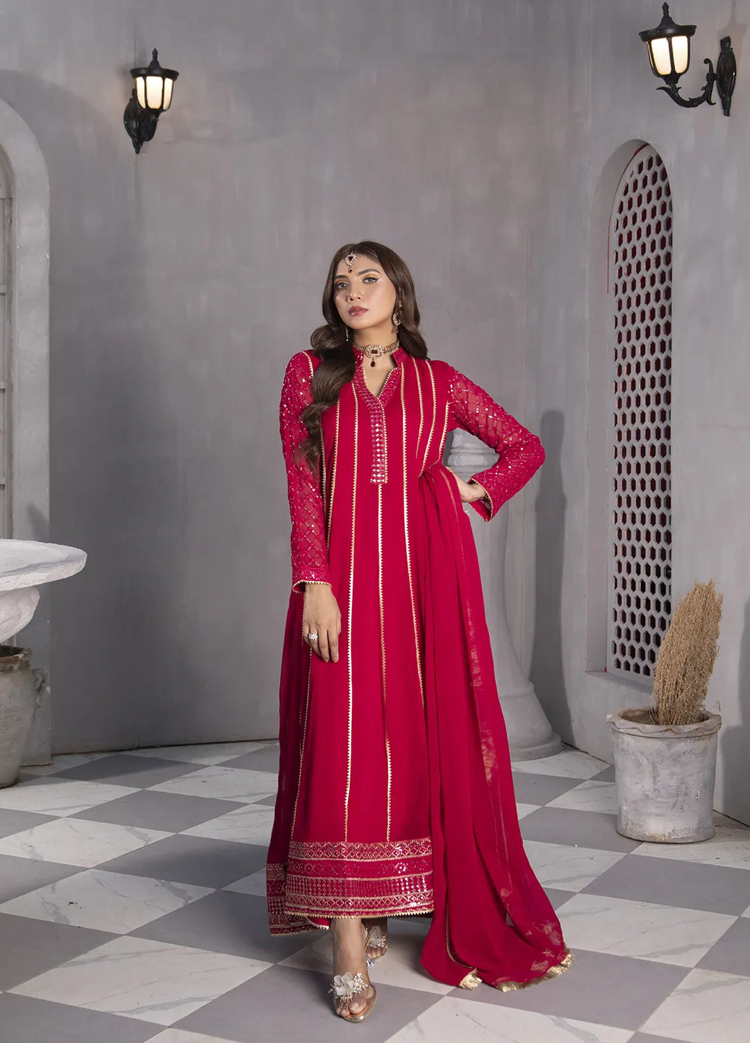 Manahils Pret Embroidered Chiffon 3 Piece Suit KURTI 106 Shocking Pink