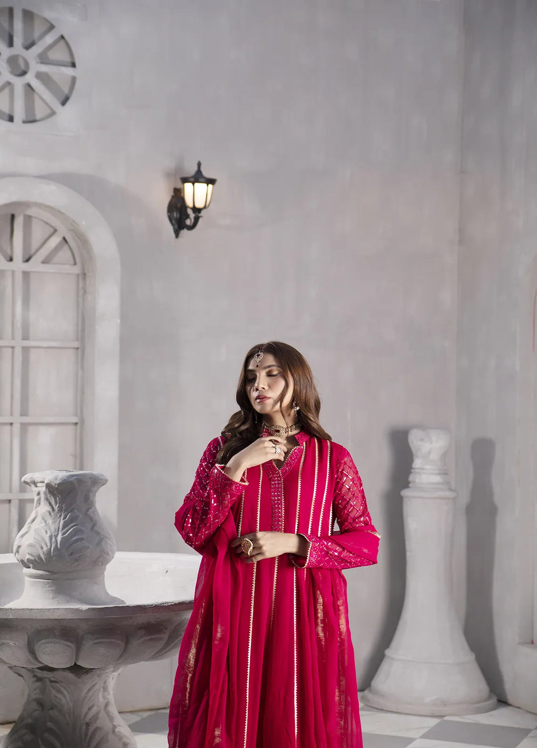 Manahils Pret Embroidered Chiffon 3 Piece Suit KURTI 106 Shocking Pink