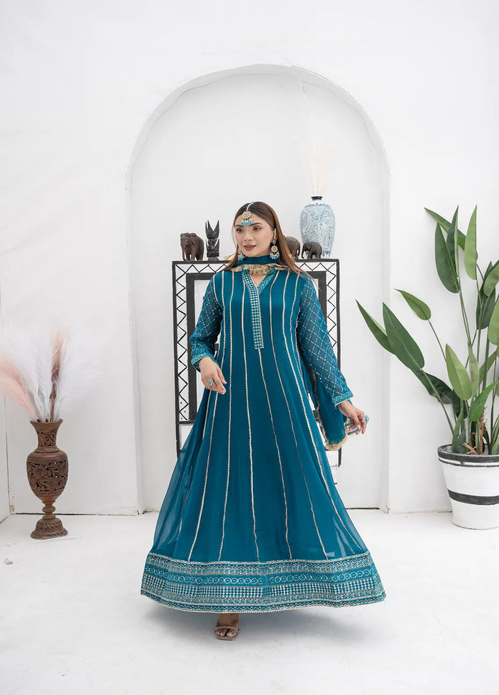 Manahils Pret Embroidered Chiffon 3 Piece Suit KURTI 106 Teal