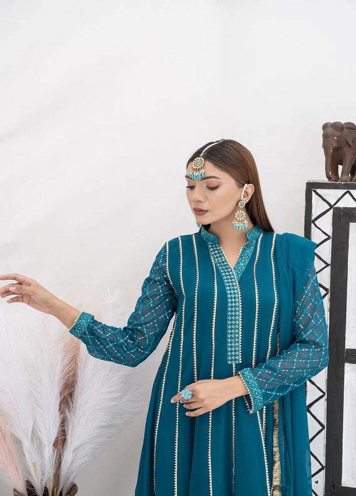 Manahils Pret Embroidered Chiffon 3 Piece Suit KURTI 106 Teal