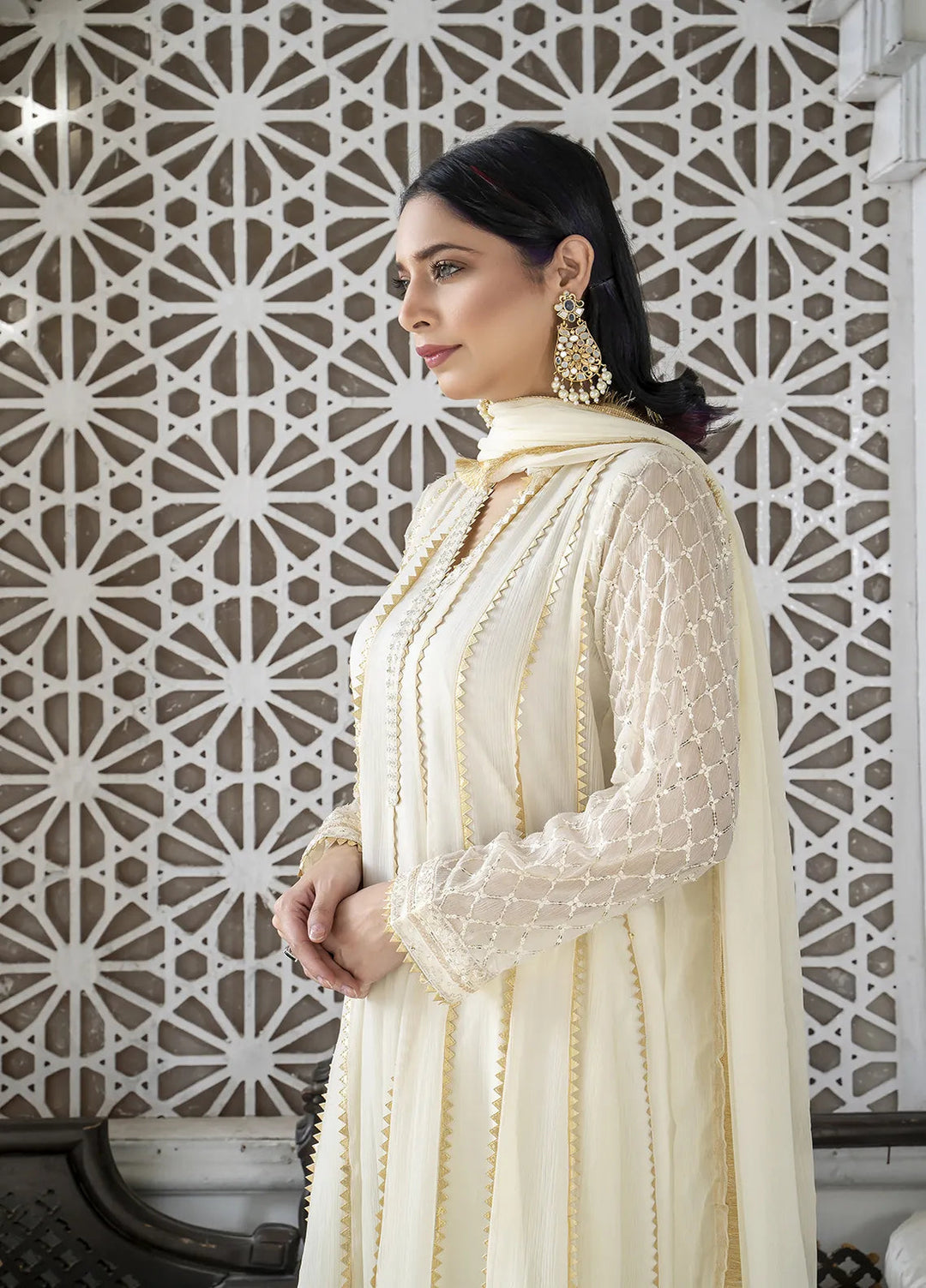 Manahils Pret Embroidered Chiffon 3 Piece Suit KURTI 106 White