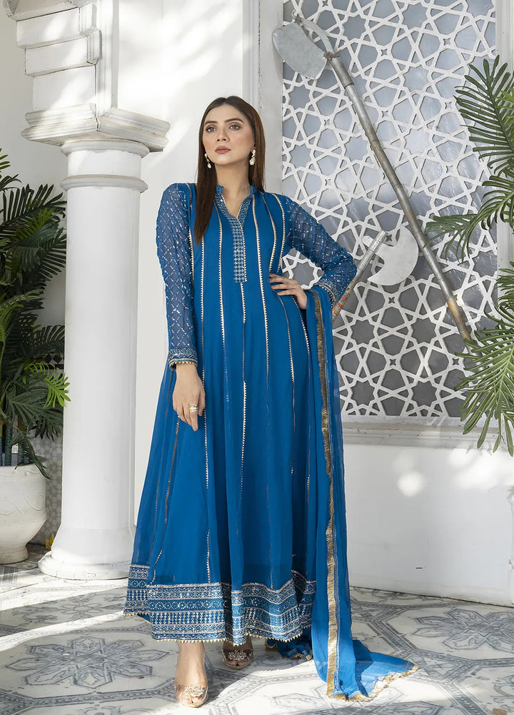Manahils Pret Embroidered Chiffon 3 Piece Suit Kurti-106-Zinc Blue