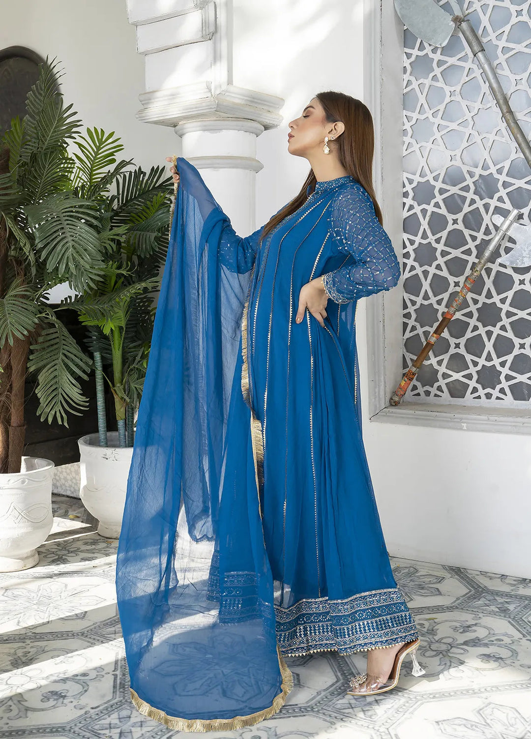 Manahils Pret Embroidered Chiffon 3 Piece Suit Kurti-106-Zinc Blue