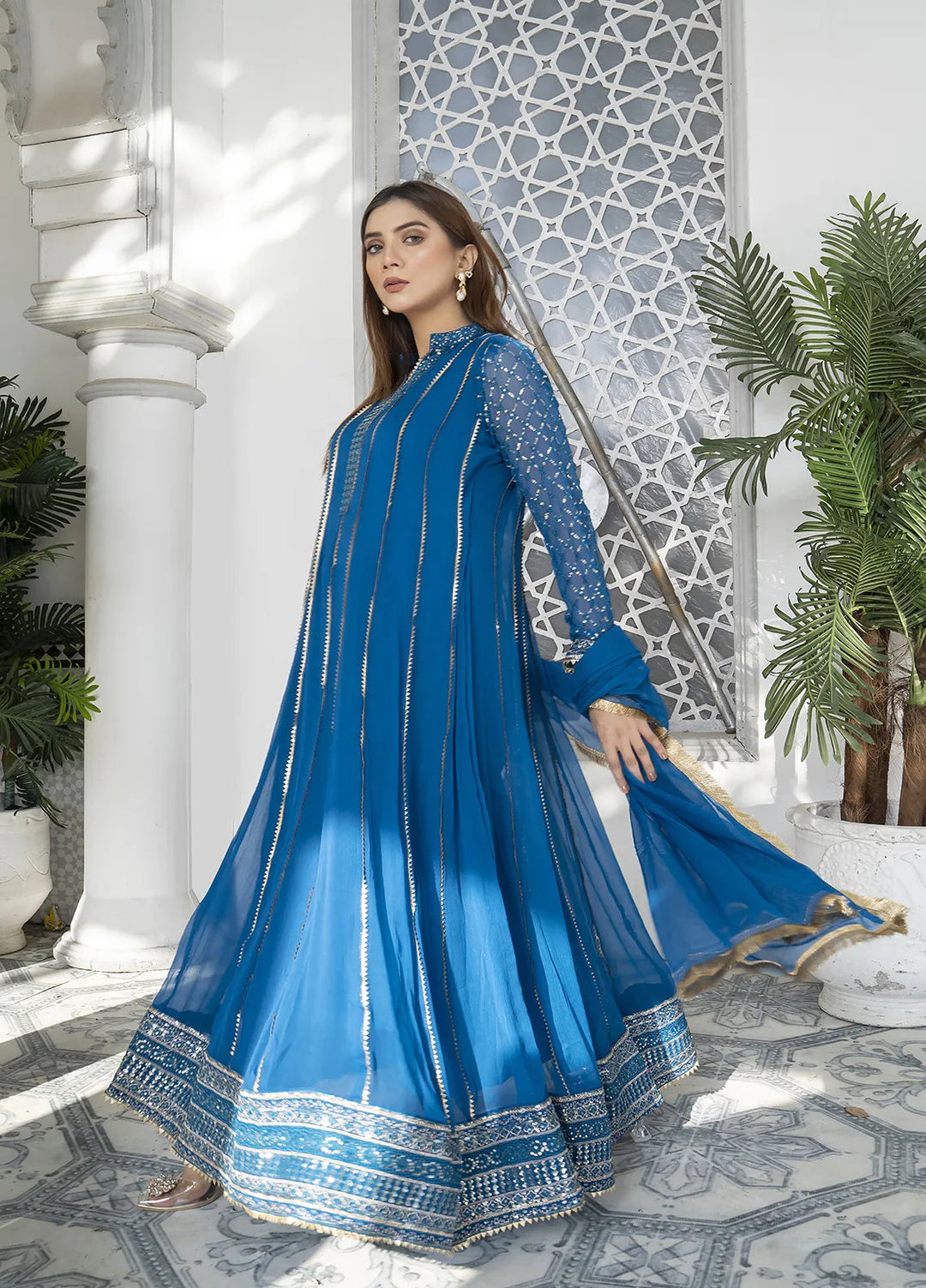 Manahils Pret Embroidered Chiffon 3 Piece Suit Kurti-106-Zinc Blue