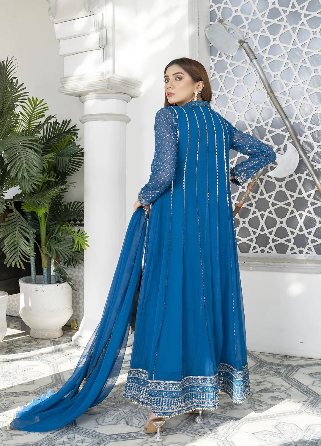 Manahils Pret Embroidered Chiffon 3 Piece Suit Kurti-106-Zinc Blue