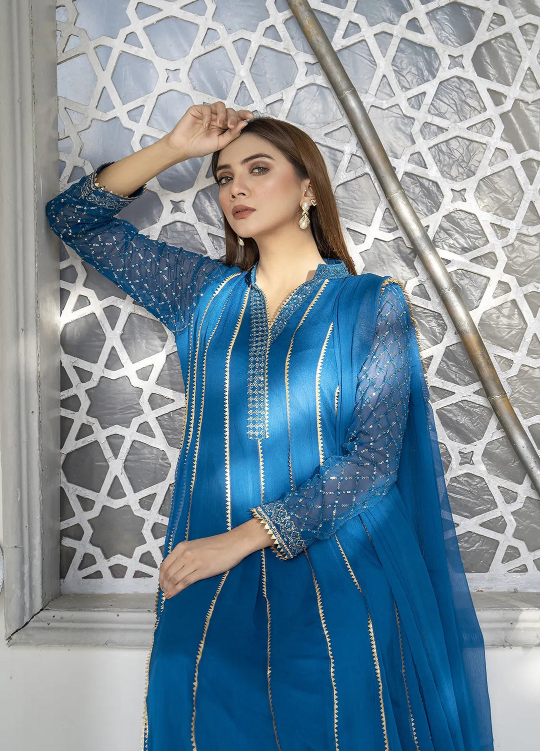 Manahils Pret Embroidered Chiffon 3 Piece Suit Kurti-106-Zinc Blue