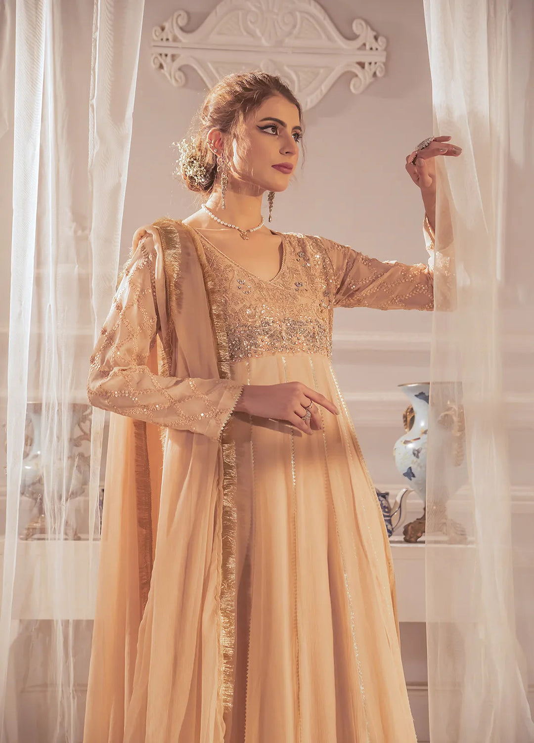 Manahils Pret Embroidered Chiffon 3 Piece Suit KURTI 108 Peach